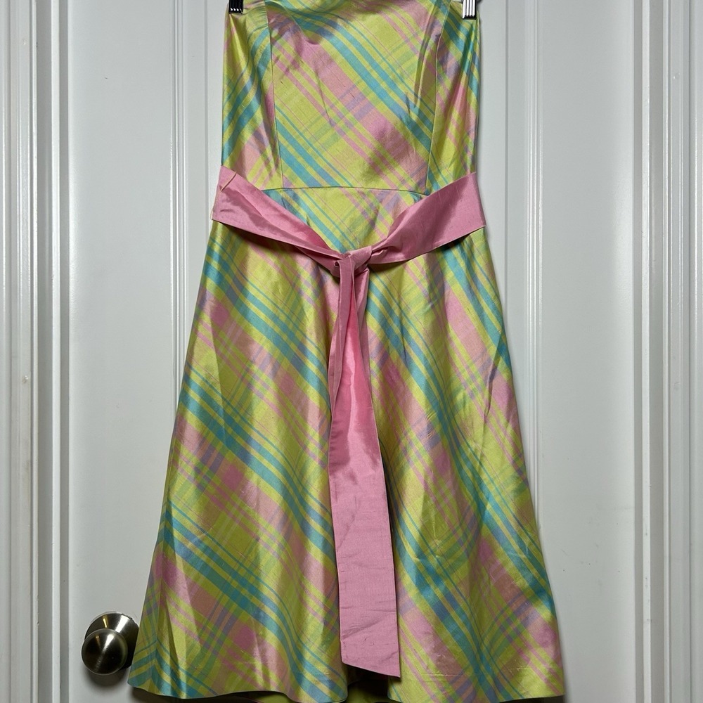 Lilly Pulitzer Vintage 90s Silk Pastel Plaid Sienna Taffeta Strapless Dress